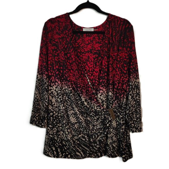 CALVIN KLEIN Classy Blouse 1X Red Black Cross Front Stretchy Plus Sz Women's - Picture 1 of 6